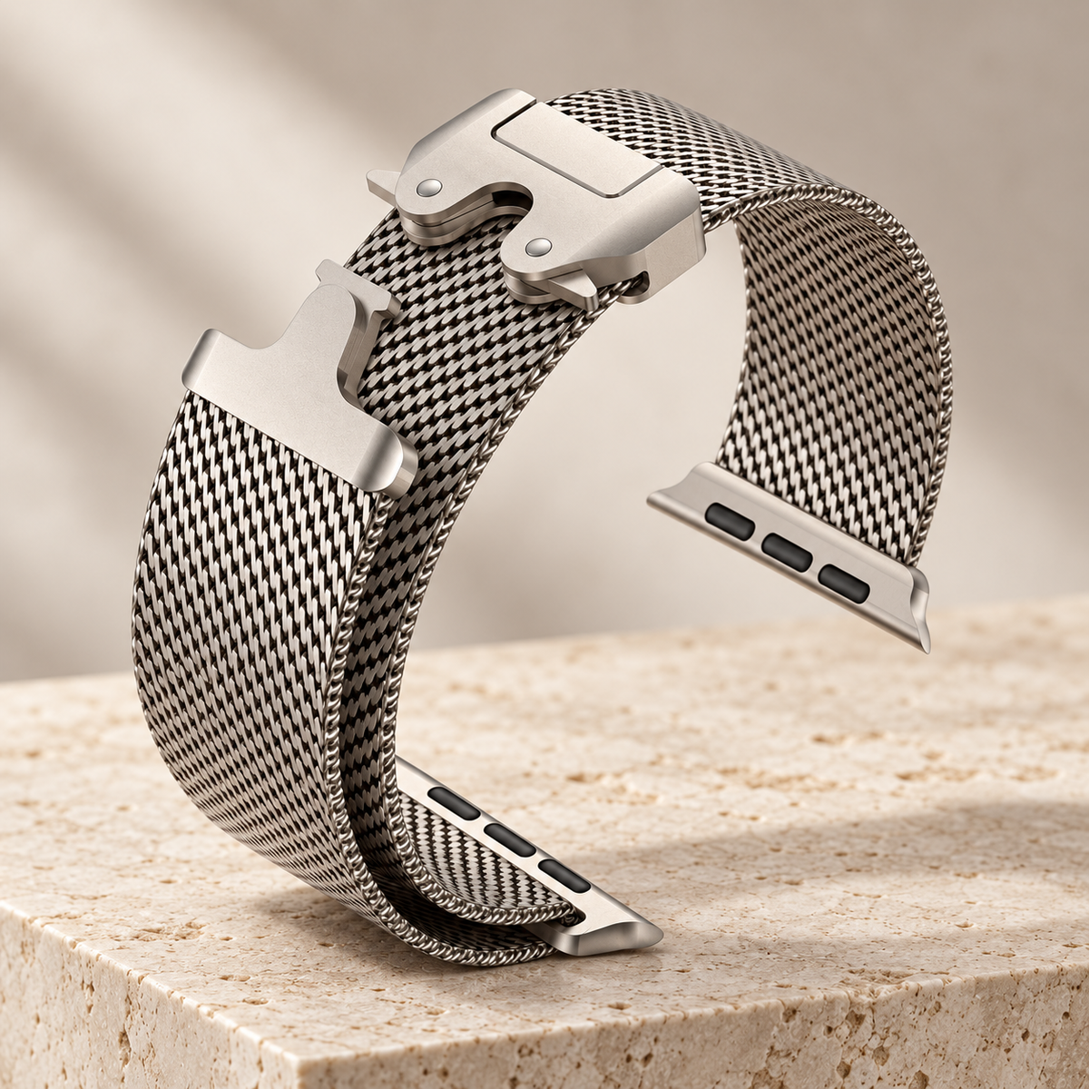 Natural titanium-tone metal mesh clasp band for Apple Watch