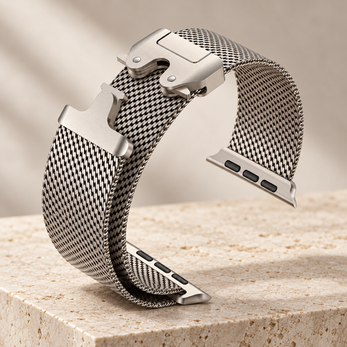 Natural titanium-tone metal mesh clasp band for Apple Watch
