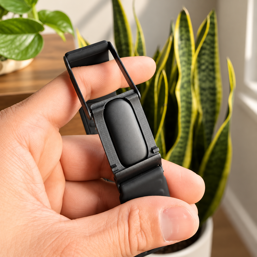 Forato ClipLink adapter held in hand with Fitbit Air and WHOOP band